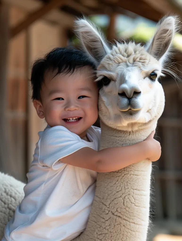 A young boy in a white t-shirt is hugging a white alpaca. The boy is smiling, and the alpaca has a curious expression. The boy's arms are wrapped around the alpaca's neck, and the alpaca's head is tilted slightly to the side.  The alpaca's fur is soft and fluffy, and the boy's skin is smooth and clear.  The background is blurred, and the lighting is soft and warm. The image captures a moment of joy and companionship between the boy and the animal.