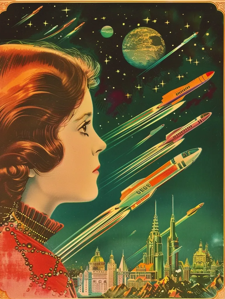 A young woman with auburn hair gazes out at a futuristic scene of spaceships soaring past a city skyline against a backdrop of stars and a distant planet. The vibrant colors and stylized design evoke a retro-futuristic aesthetic, hinting at a time of optimistic space exploration. The image captures a sense of wonder and anticipation for the future.