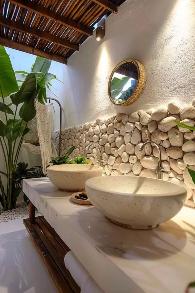 A modern bathroom with a natural aesthetic features a white marble countertop with two large, white, round sinks. The backsplash is made of white pebbles, creating a serene and minimalist feel. Lush greenery adds a touch of life to the space, while a circular mirror hangs above the sink.  The wooden beams overhead provide a sense of warmth and  natural texture.  The overall effect is one of tranquility and relaxation.