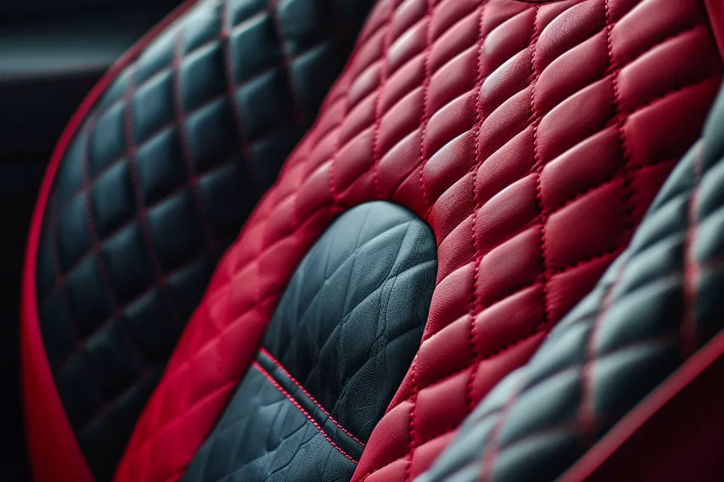 The image shows a close-up of a luxurious car seat with a diamond-stitched design. The seat is upholstered in two-toned leather, featuring a rich red color on the back and a deep blue color on the headrest. The intricate stitching adds a touch of elegance and sophistication. The smooth leather and precise craftsmanship suggest high quality and comfort. The image highlights the luxurious details of the car's interior.