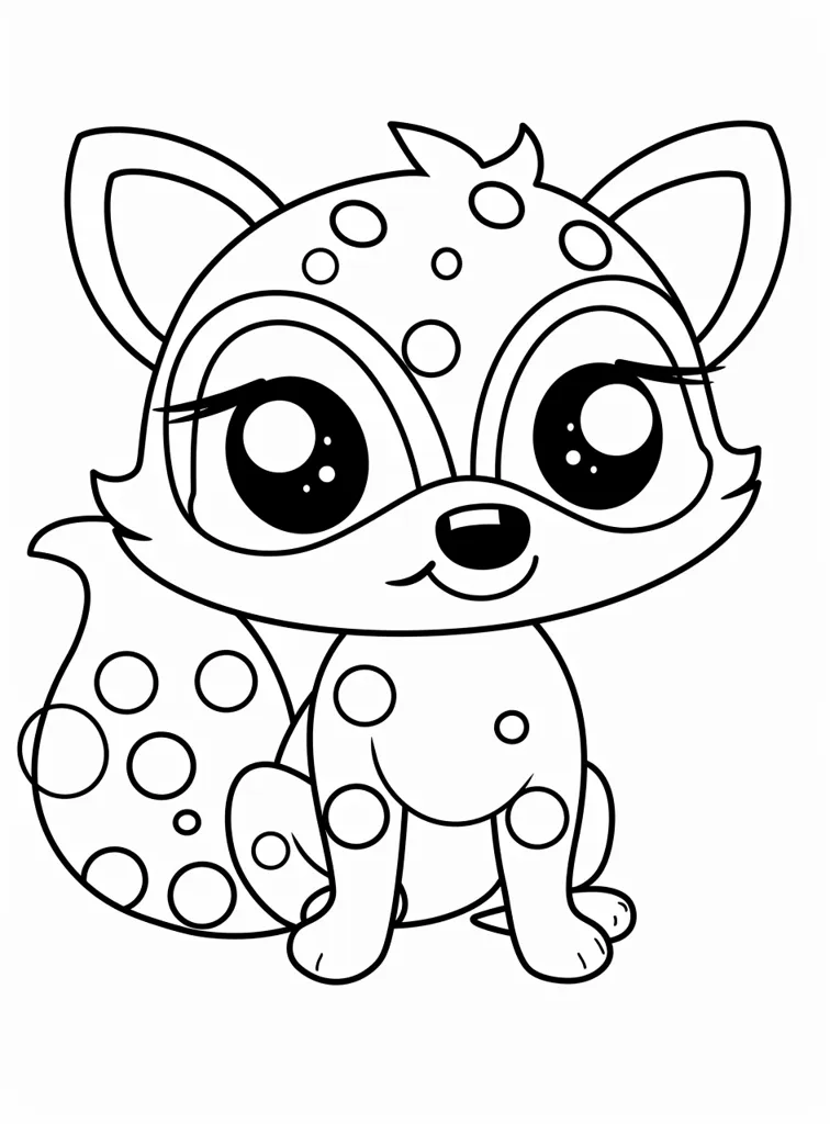 The image is a black and white line drawing of a cartoon fox. The fox has large, round eyes and is sitting with its tail curled around its legs. The fox has a spotted pattern on its body and tail. The drawing is simple and playful, perfect for a coloring page.