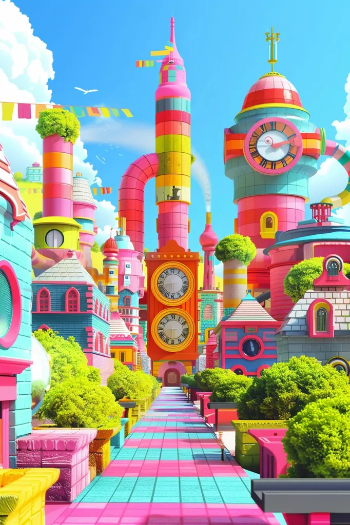 The image depicts a whimsical, colorful town with tall, striped buildings, a clock tower, and a winding path lined with vibrant green bushes. The sky is a bright blue with fluffy white clouds.  A whimsical, cartoon style lends a playful feel to the scene.  The city is a symphony of color and architecture, creating a scene of delightful fantasy.