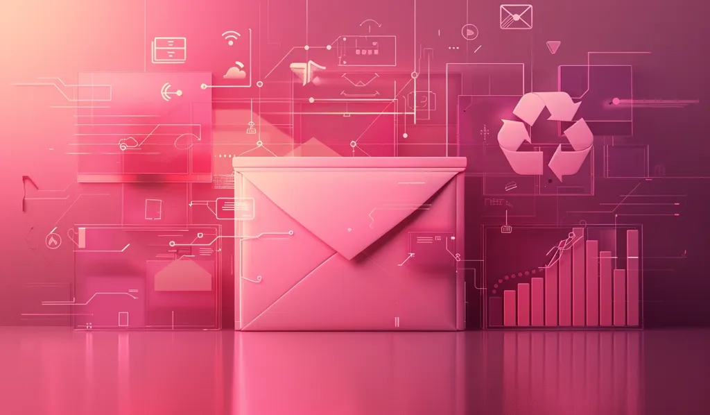 A pink 3D envelope sits in front of a pink background with white outlined graphics. The graphics include geometric shapes, icons, and a bar chart. The envelope reflects on the surface beneath it. The image suggests a futuristic and technological concept related to communication and data.