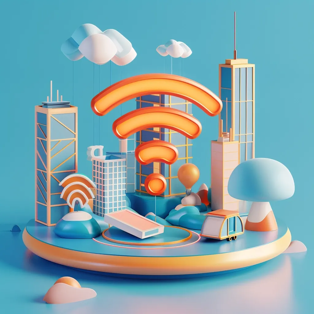 A stylized city scene with a large orange Wi-Fi symbol. The city is made up of colorful buildings, clouds, and a mushroom-shaped object. A small blue car is driving on the platform below the Wi-Fi symbol, and a pink rectangle is lying on the ground. The scene is set on a blue background. The image illustrates the concept of a connected city.