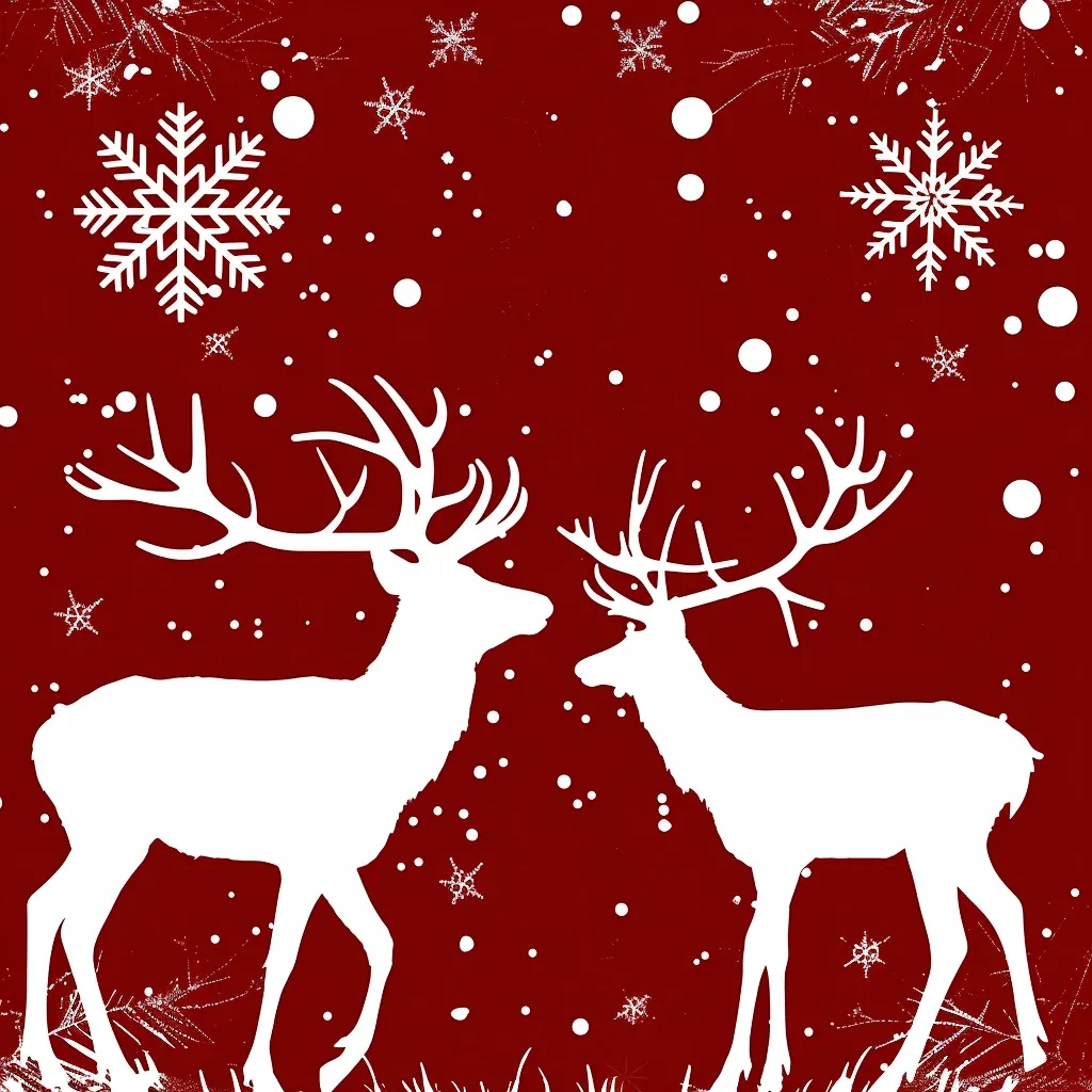 The image is a festive Christmas design featuring two white reindeer silhouettes facing each other on a red background. The background is filled with scattered snowflakes and white dots, creating a snowy ambiance. The reindeer are positioned prominently in the center, their antlers spread wide, adding a touch of elegance and holiday cheer. The overall effect is a simple yet elegant representation of a winter wonderland.