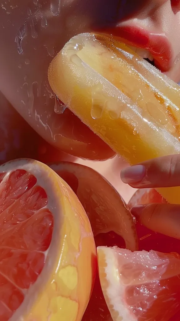 The image shows a close-up of a person's face and hand, surrounded by juicy, ripe fruit. The person is biting into a bright yellow popsicle, dripping with melted ice.  Their lips are painted red, and their hand rests on the popsicle.  The background is a vibrant medley of orange and red, composed of grapefruit slices.  The image evokes a sense of summery sweetness and refreshing delight.