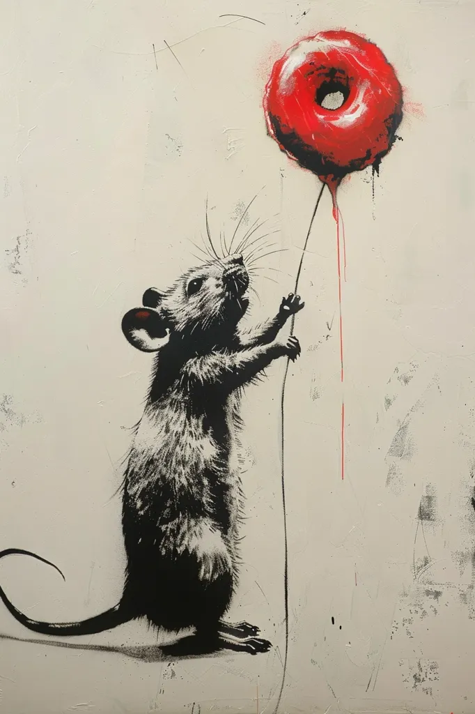 The image depicts a black and white rat standing on its hind legs, reaching for a red, donut-shaped object on a string. The rat has a long tail and is looking up at the object. The background is a simple white, with a few faint marks of a previous image. The rat appears to be trying to catch the donut, which hangs just out of reach.