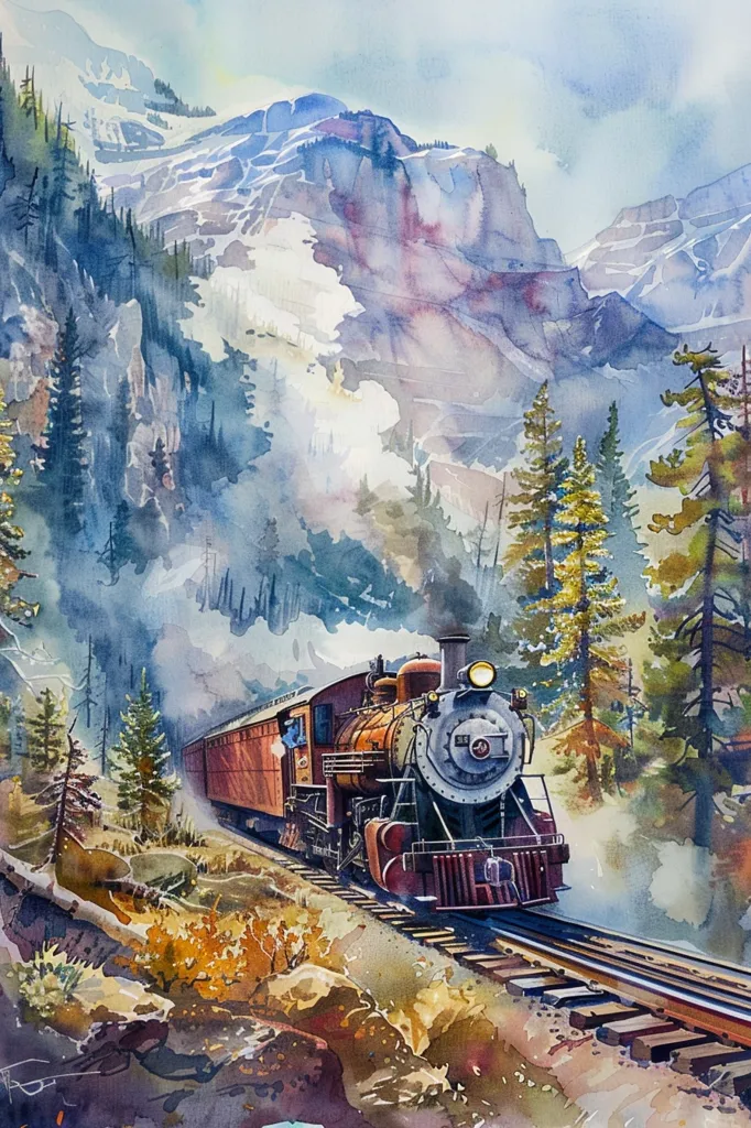 A vintage steam locomotive chugs through a mountain pass, its black smoke billowing into the hazy blue sky.  Tall pines line the sides of the steep, rocky terrain, painted in shades of purple, brown, and white. The train's red and brown hues contrast with the muted greens and blues of the forest, creating a striking visual composition. The watercolor technique adds a sense of depth and movement to the scene.