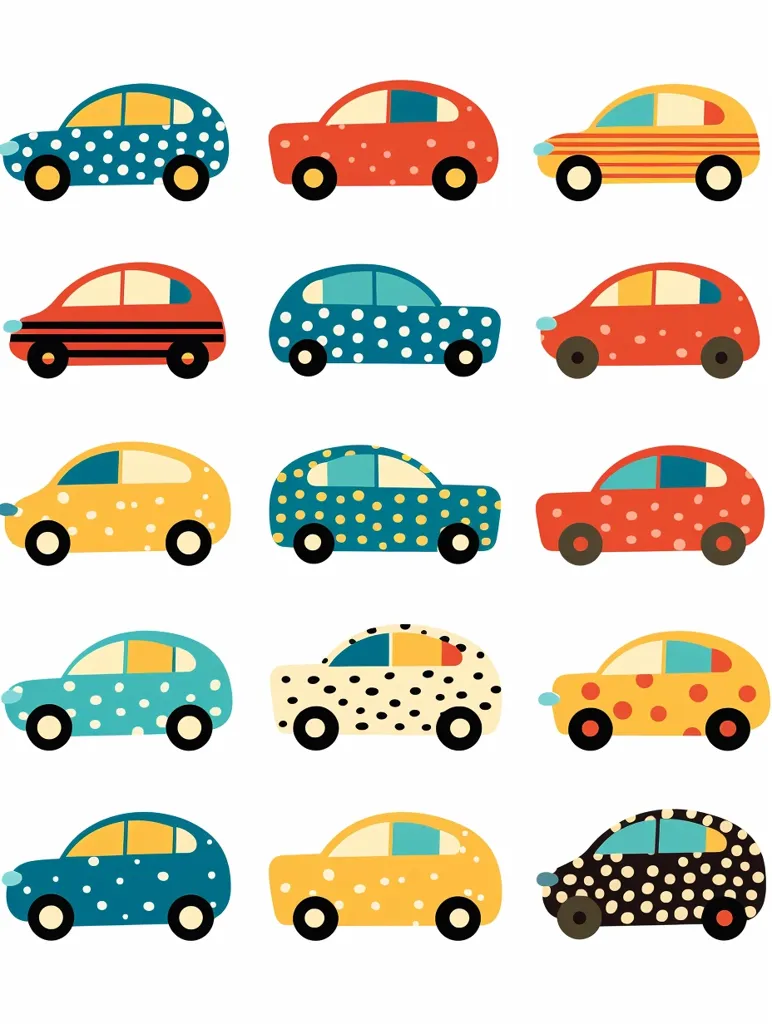 The image shows twelve cartoon cars in various colors and patterns.  Each car is unique with different colors, polka dots, and stripes.  The cars are arranged in four rows of three cars each. They are all facing to the right. The cars appear to be simple drawings with a lighthearted and playful style.  They would be suitable for children's books or other materials aimed at a young audience.