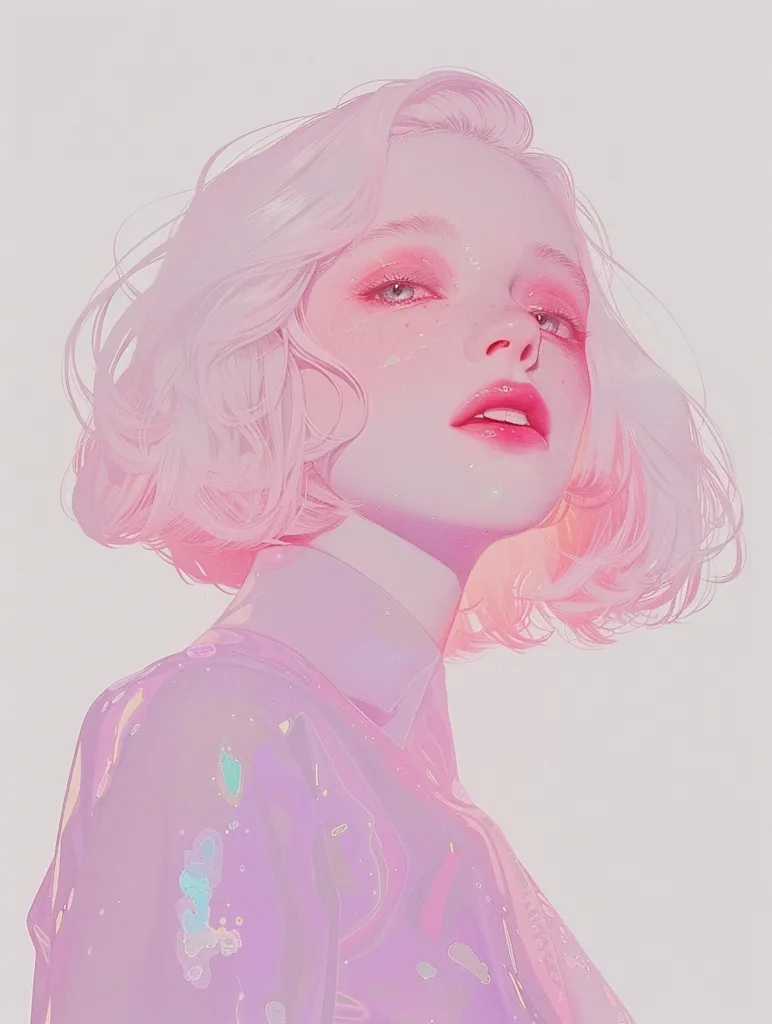 The image is a digital illustration of a young woman with short, pink hair. She is wearing a collared shirt and has a soft, ethereal look. The background is a light pink, and the overall aesthetic is dreamy and whimsical. The artist uses soft colors and delicate lines to create a sense of innocence and beauty.
