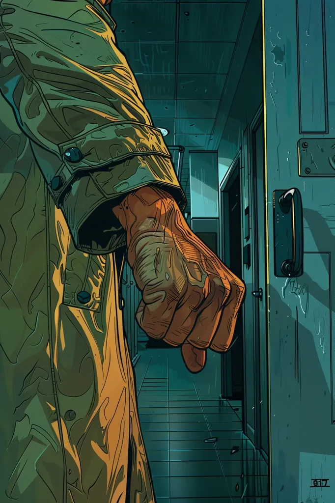 A man in a brown coat stands in a dimly lit hallway. He is facing a closed door, his hand clenched into a fist as if he is about to knock. The hallway is lined with tiled walls and the door appears to be made of metal. The scene is rendered in a comic book style with bold lines and vibrant colors.  The man's posture and the closed door suggest a tense or suspenseful moment.