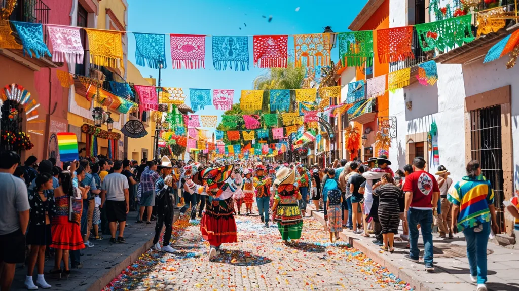 A vibrant street scene in Mexico, filled with people celebrating a festival. Colorful paper banners hang overhead, and the streets are strewn with confetti. People in traditional costumes dance and mingle with others, creating a lively atmosphere. The brightly colored buildings add to the festive mood.  The celebration captures the essence of Mexican culture.