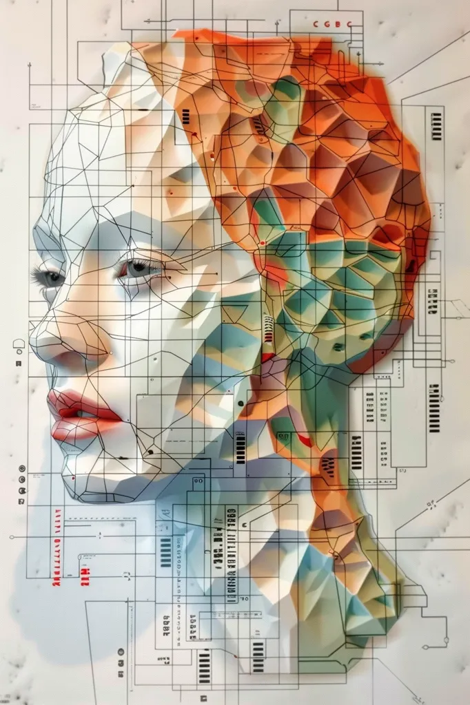 The image shows a stylized, geometric portrait of a woman. Her face is composed of a network of lines and polygons, suggesting a digital or artificial construction. The background is a grid pattern with technical markings and code, reinforcing the image's technological theme. The interplay of colors and shapes creates a sense of depth and complexity, hinting at a hidden internal world.  The overall impression is one of intriguing mystery and technological advancement.
