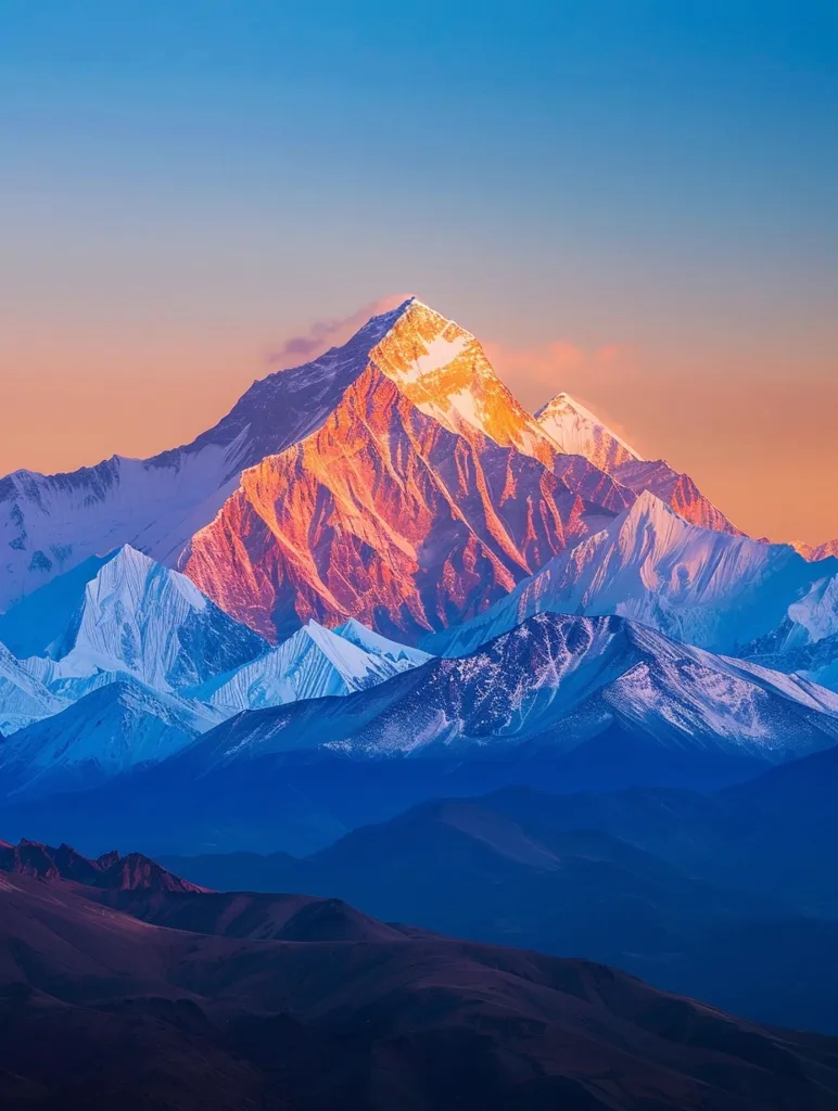 A majestic mountain range, bathed in the soft glow of a setting sun. The highest peak, a snow-capped giant, stands out against the vibrant orange and pink sky. The surrounding mountains, covered in snow and ice, fade into a deep blue, creating a breathtaking panorama. The image evokes a sense of tranquility and awe, capturing the beauty and grandeur of nature.