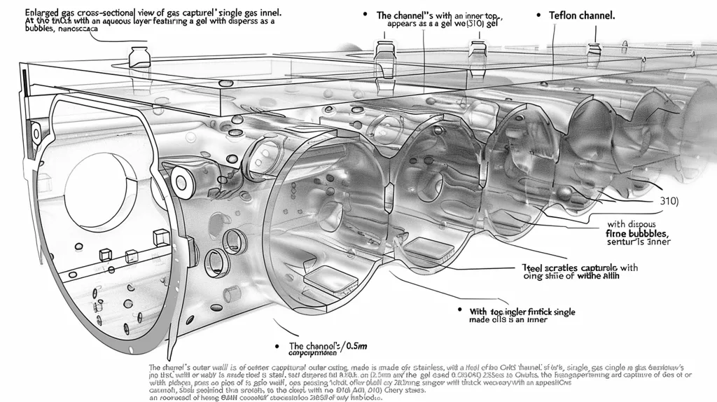 A detailed, technical illustration of a cross-section of a gas capture device. The illustration depicts several channels and layers with descriptions about their composition, size, and function. The image highlights a gel with dispersed bubbles, a Teflon channel, and fine bubbles within an inner section.  The image is labeled with scientific terms and descriptions to provide a detailed understanding of the device's internal structure.