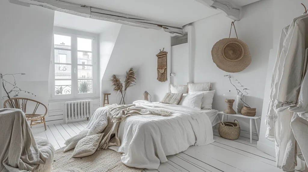 A bright, airy bedroom with white walls and floors, featuring a large, white bed with a textured linen duvet and a few pillows. Natural light streams through the large window, illuminating the room. There are a few dried flowers in a vase, a wicker chair, and a woven wall tapestry, adding a touch of texture and warmth to the space. A large straw hat hangs on the wall, creating a bohemian vibe.  The overall feel is clean, minimalist, and peaceful.