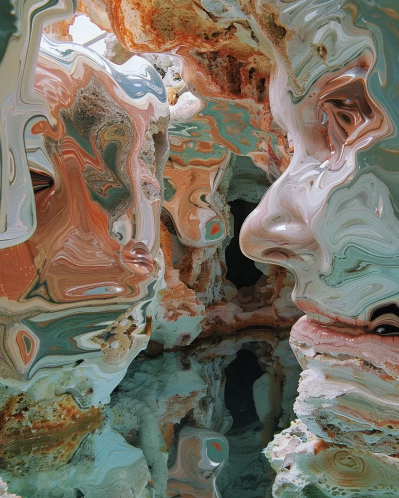 The image shows a surreal landscape of abstract formations, resembling faces and caves. The colors are vibrant and fluid, with shades of orange, blue, green, and white swirling together. The composition is chaotic yet harmonious, creating a sense of otherworldly beauty and intrigue. The image seems to be a digital manipulation, with a focus on distorted shapes and patterns, suggesting an exploration of the subconscious mind or a dreamlike state.