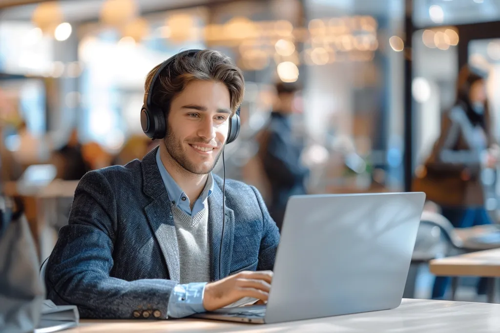 A young man wearing headphones sits in a cafe, looking intently at his laptop. He is smiling, suggesting he is enjoying his work or a conversation. The cafe is bustling with activity, but the man is focused on his task. The natural light streaming through the window creates a warm and inviting atmosphere.
