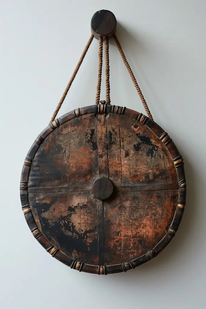 A large, round, wooden object hangs from three ropes attached to a wooden knob. The object appears to be a shield or a drum, and is made of dark wood with a circular design. The wood is worn and weathered, showing signs of age and use. The object is hanging against a plain white wall.