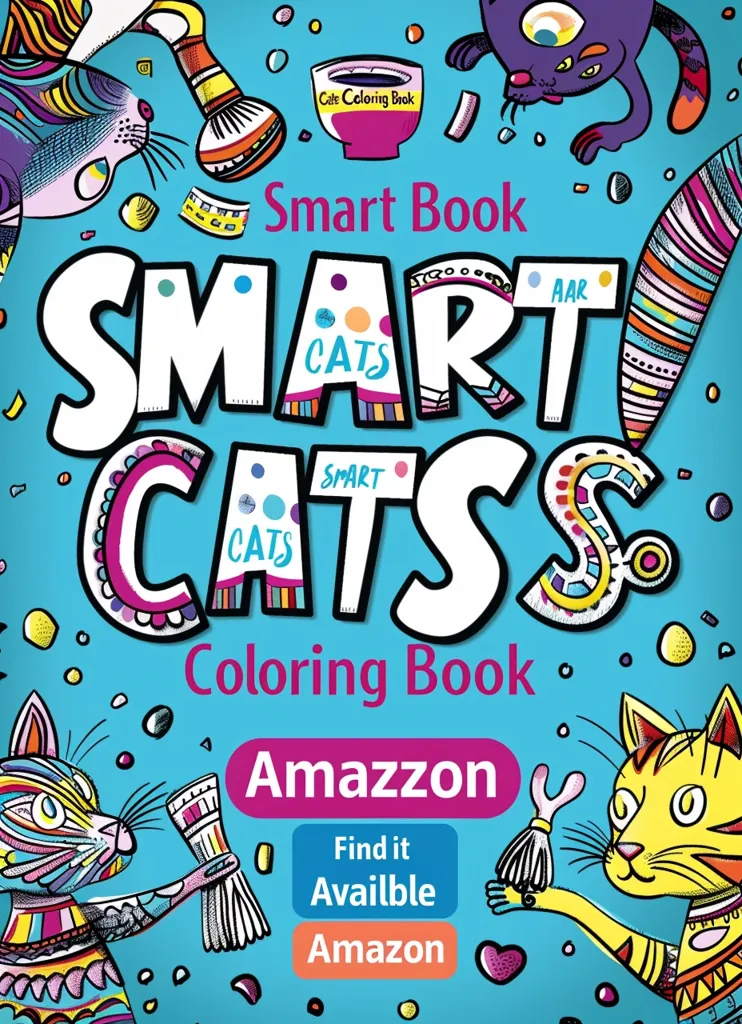 The image is a colorful cover for a coloring book titled "Smart Cats Coloring Book." The cover features a large, stylized title with a cat motif and colorful, cartoonish cats. A small cup with the words "Cafe Coloring Book" is in the top center of the image. The cover also has the word "Amazon" with a button that says "Find it Availble Amazon." The background is a light blue color.  The overall design is playful and inviting.