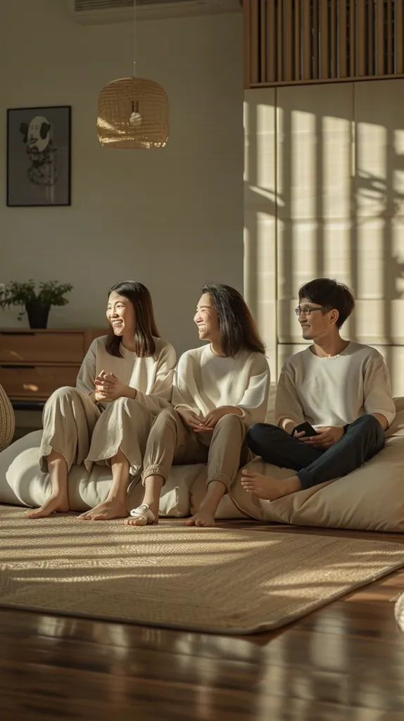 Three young adults are relaxing on a large, cream-colored bean bag chair. They are wearing casual, light-colored clothing. Two of them are looking at each other and smiling. They are sitting on a light brown, textured rug with dappled sunlight streaming in from the window. The room is decorated in a minimalist style, with wooden elements and a simple woven light fixture. The image evokes a sense of comfort, warmth, and friendship.