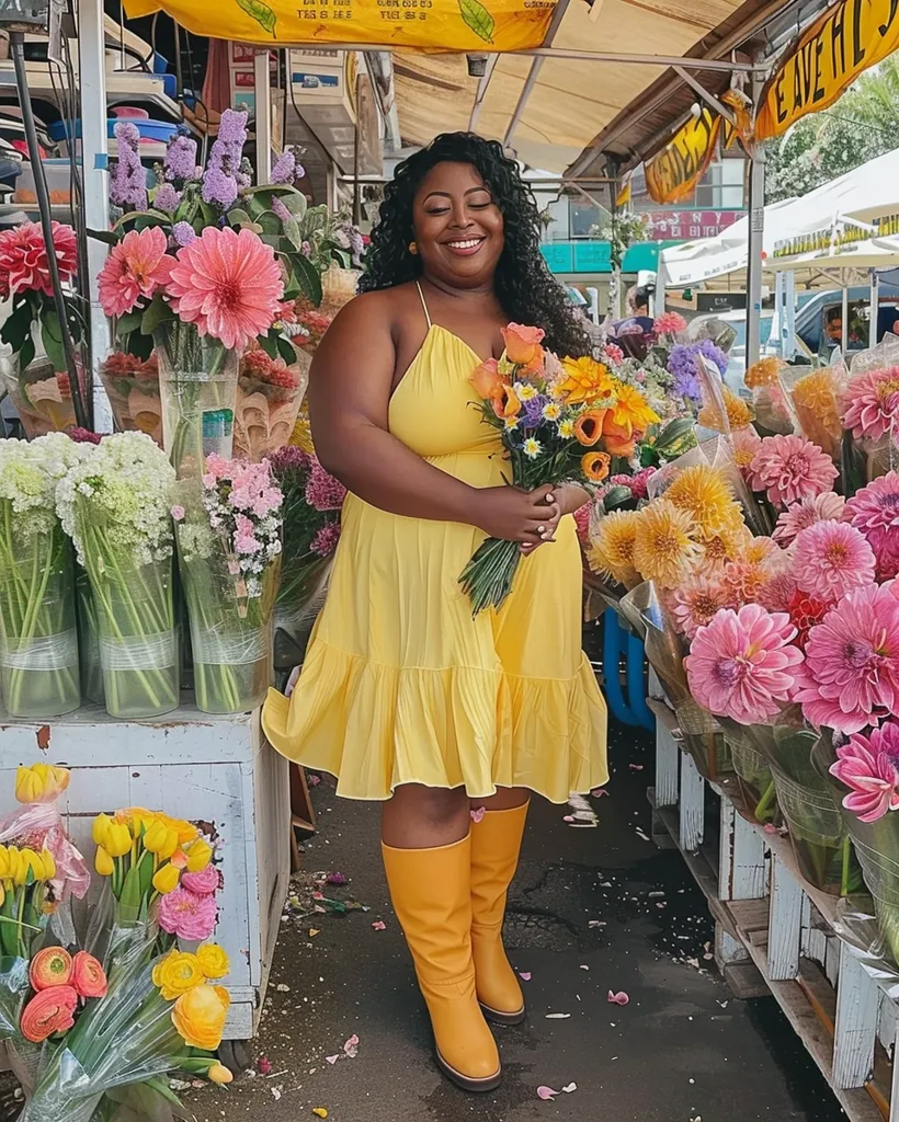 A woman in a bright yellow dress and matching boots smiles brightly as she holds a bouquet of colorful flowers. She stands in front of a flower stall, surrounded by a variety of vibrant blooms. The image captures the joy and beauty of a flower market, with the woman's cheerful expression complementing the vibrant colors of the flowers.  The scene is warm and inviting, suggesting a celebration of life and beauty.