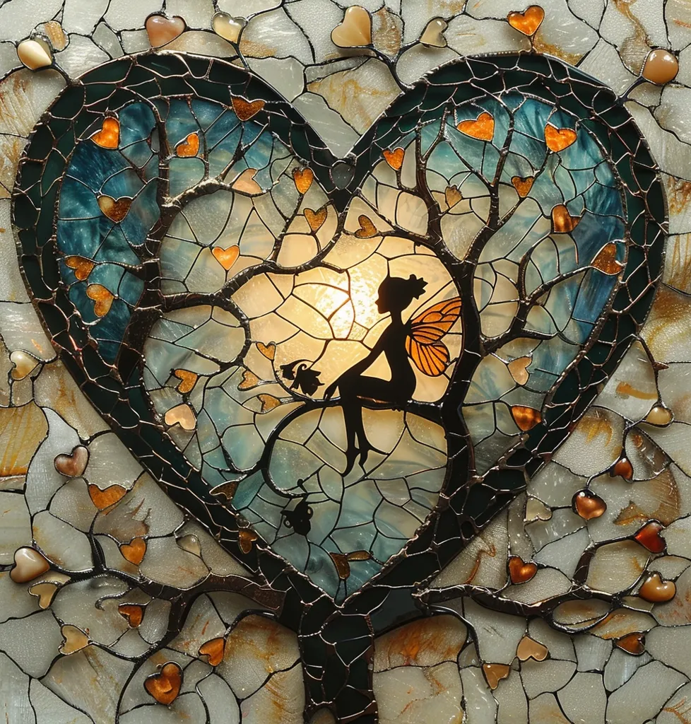 A stained glass artwork depicting a tree shaped as a heart. The tree has a silhouette of a fairy sitting in its branches. The artwork is made up of numerous small pieces of glass in shades of blue, white and orange, creating a detailed and intricate design. The overall effect is whimsical and enchanting.