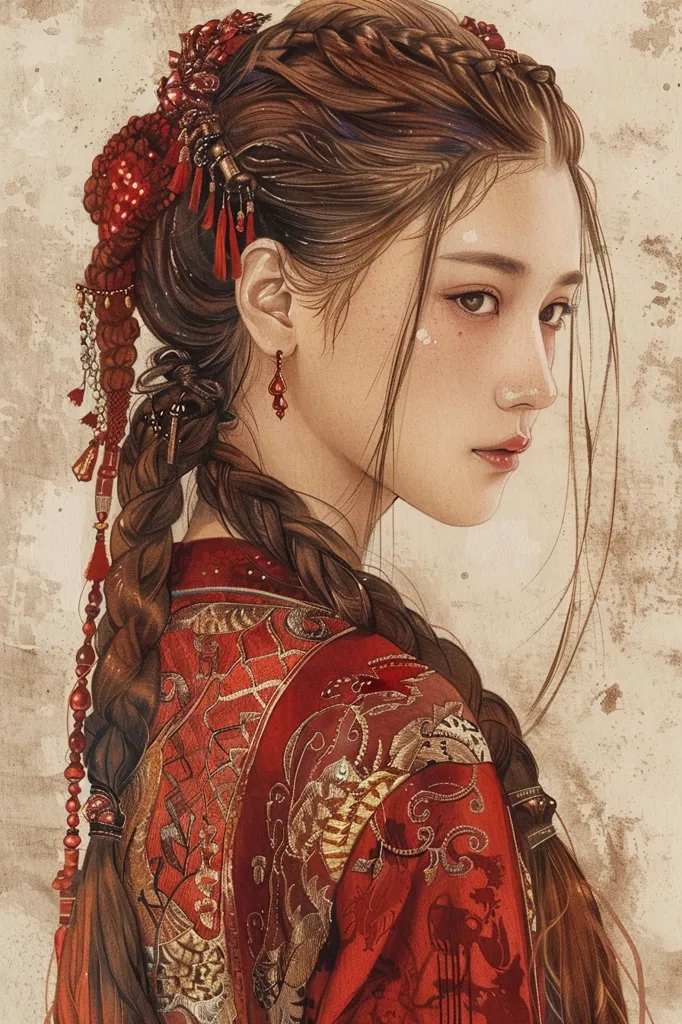 The image depicts a young woman with long, dark brown hair styled in intricate braids adorned with red beads and ornaments. She wears a traditional Chinese red robe with gold embroidery. Her gaze is downcast, creating a sense of introspection. The background is a muted beige, providing a contrast to the vibrant colors of her clothing and hair. The overall image conveys a sense of elegance, tradition, and contemplation.