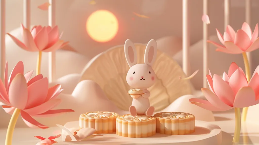 The image depicts a cartoon rabbit holding a mooncake, surrounded by pink lotus flowers and a soft, dreamy background. The scene is bathed in warm, golden light, creating a serene and enchanting atmosphere. The rabbit is sitting on a table adorned with three mooncakes, adding to the festive theme. The overall composition evokes a sense of tranquility and celebration.