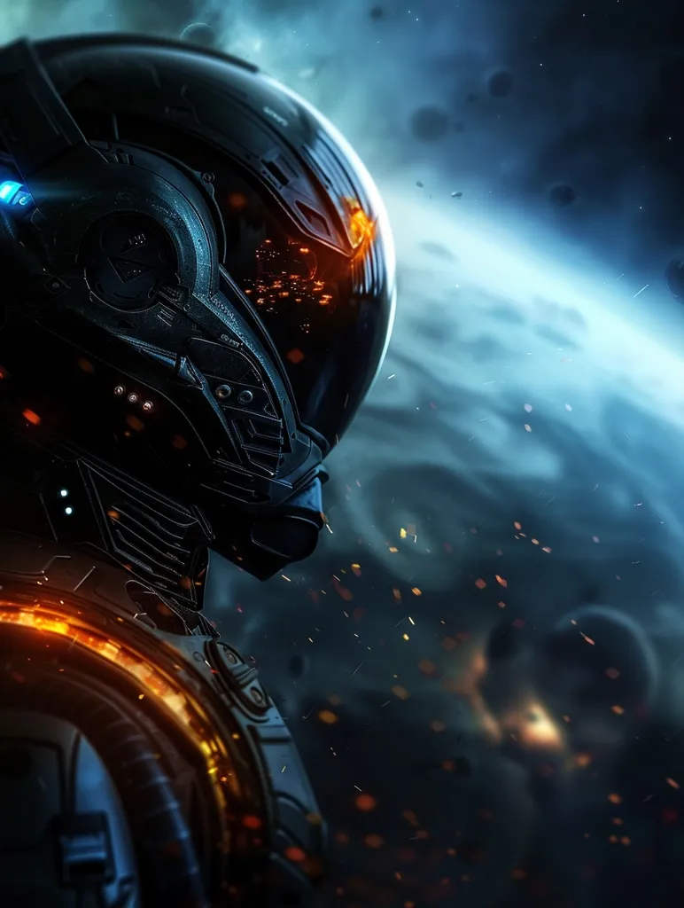 The image depicts a futuristic astronaut in a dark, sleek space suit, silhouetted against a swirling nebula and a distant planet. Their helmet reflects a fiery glow, suggesting a dangerous and dynamic environment. The astronaut's suit is adorned with intricate details and glowing orange highlights, emphasizing their advanced technology. The scene evokes a sense of wonder, mystery, and the vastness of space.