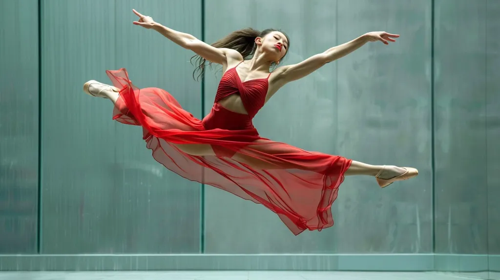 A ballerina wearing a red dress and pointe shoes leaps through the air against a green backdrop. Her legs are extended, her arms are outstretched, and her head is tilted back as she floats gracefully. The fabric of her dress billows around her, creating a sense of motion and energy. The image captures the beauty and athleticism of ballet.