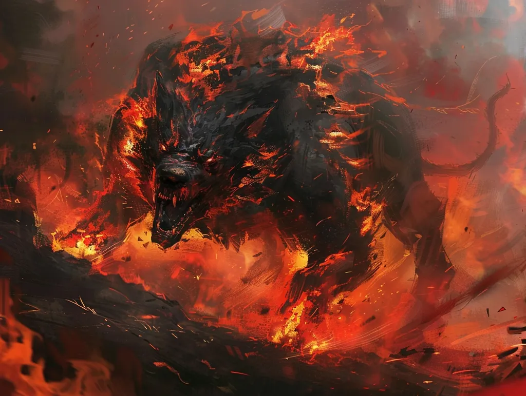 A fiery wolf, engulfed in flames, snarls with bared teeth and glowing eyes. Its fur is a mix of black and orange flames, creating a menacing silhouette against the inferno. The wolf stands on a rocky surface, surrounded by a swirling sea of fire and embers. The fiery landscape creates a sense of chaos and danger.