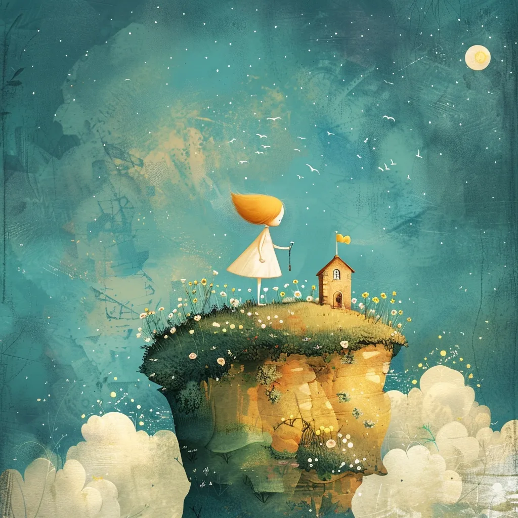 A young girl with long red hair stands on a clifftop, holding a key, with a small house in front of her. The sky is blue with white clouds and stars, and there are small white birds flying overhead. The scene is whimsical and suggestive of a magical world.  The girl's stance and the key suggest she is about to unlock a new chapter in her life.