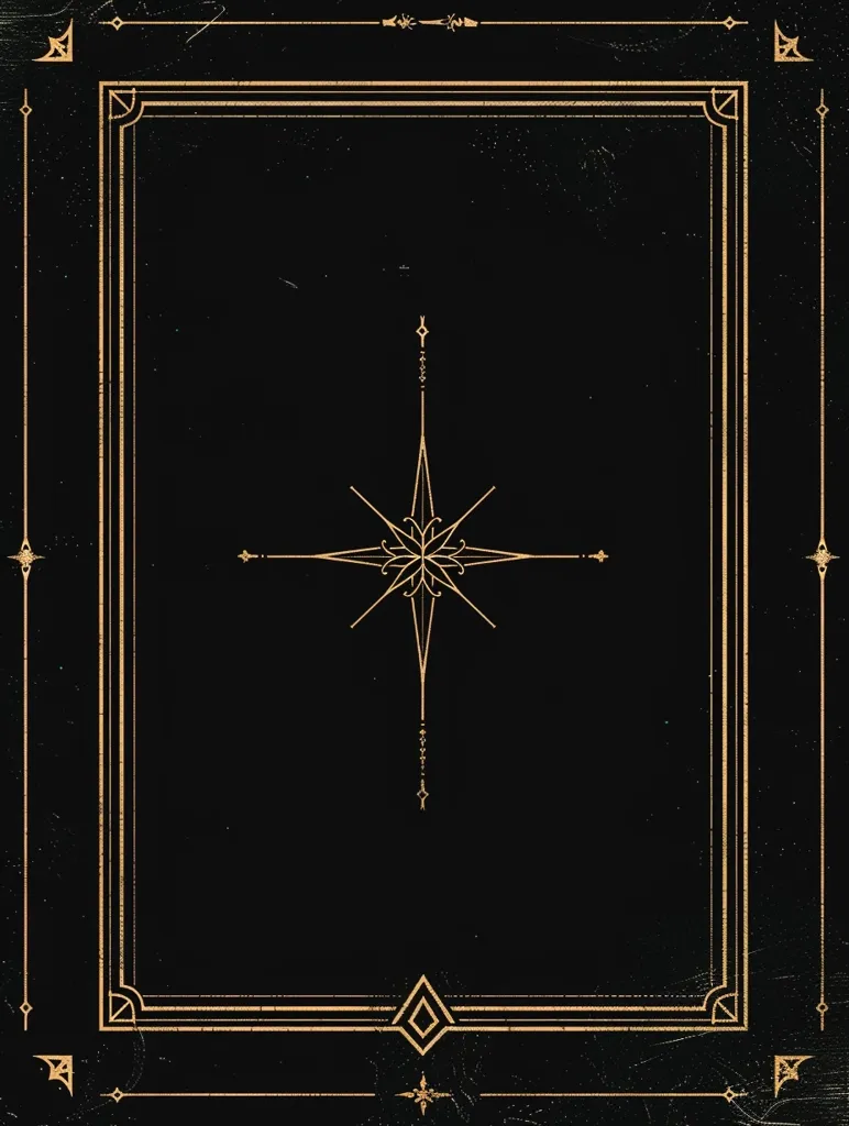 The image depicts a black background with a gold, intricate frame around the edges. In the center of the frame, there is a stylized star with a geometric design. The overall aesthetic is elegant and minimalist with a touch of vintage charm. The image could be a cover for a book or a decorative piece of art.