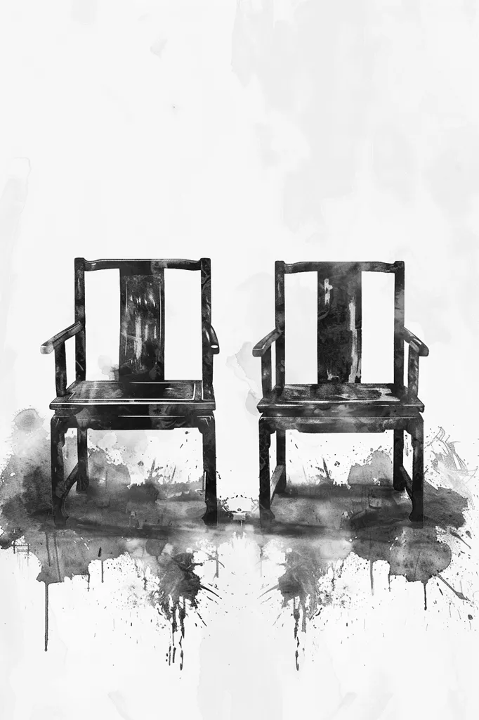 The image depicts two black wooden chairs, their intricate carvings obscured by a watercolor-like wash of black and gray. The chairs are positioned against a stark white background, creating a sense of isolation. The splattered black paint suggests a sense of chaos or movement, contrasting with the stillness of the chairs.