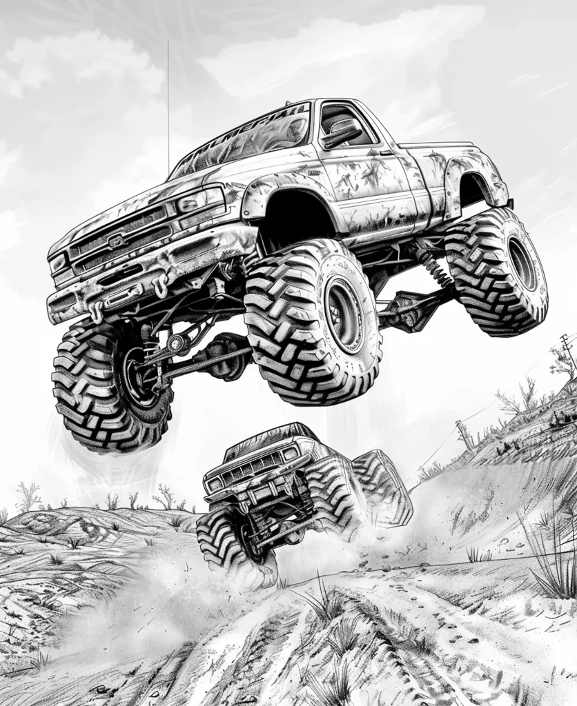 The image is a pencil sketch of two monster trucks. The top truck is in mid-air, its large tires spinning as it appears to be flying over a dirt road.  The bottom truck is on the road, its tires also large and clearly designed for off-roading. The image is done in grayscale, with details on the trucks and terrain.
