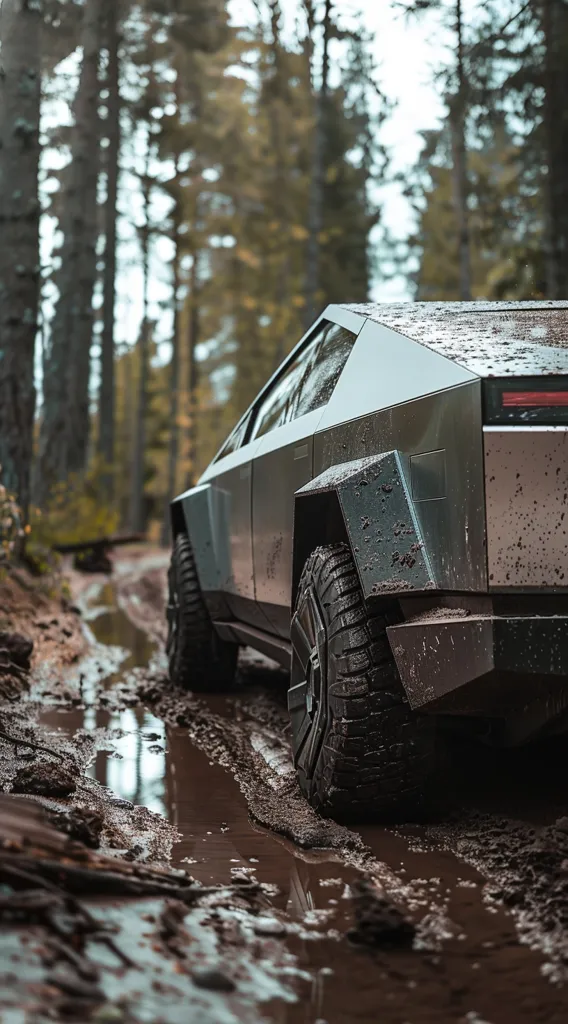 A dark grey truck with large tires drives through a muddy forest path. The truck is covered in mud splatters, and the path is slick with water. The trees blur in the background, creating a sense of motion and depth. The truck is positioned to the right of the frame, highlighting the muddy path and the tires.  The scene evokes a sense of adventure and off-roading.