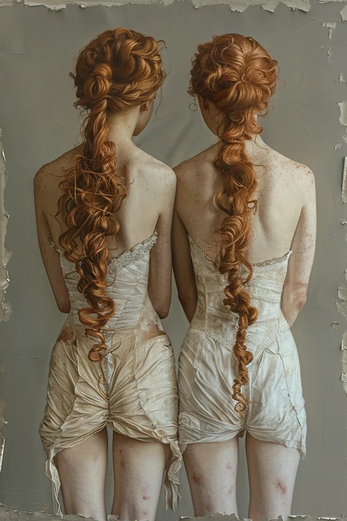 The painting depicts two women with long, flowing red hair, standing back-to-back. They are both wearing white, form-fitting dresses that appear to be made of lace or some other delicate fabric. The women's bodies are facing away from the viewer, and their heads are tilted slightly downward, as if they are lost in thought. The background is a simple gray, which draws attention to the women's figures and the intricate detail of their clothing. The painting has an ethereal and mysterious quality, inviting the viewer to speculate on the women's identities and their stories.
