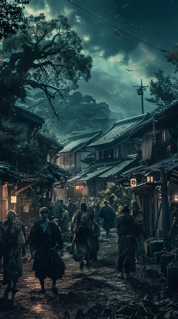 A group of figures dressed in dark clothing walk down a narrow street lined with traditional Japanese buildings. The sky is overcast and the atmosphere is eerie, with a faint glow illuminating the scene. The buildings are dark and mysterious, and the figures seem to be moving with purpose. The image evokes a sense of secrecy and suspense.