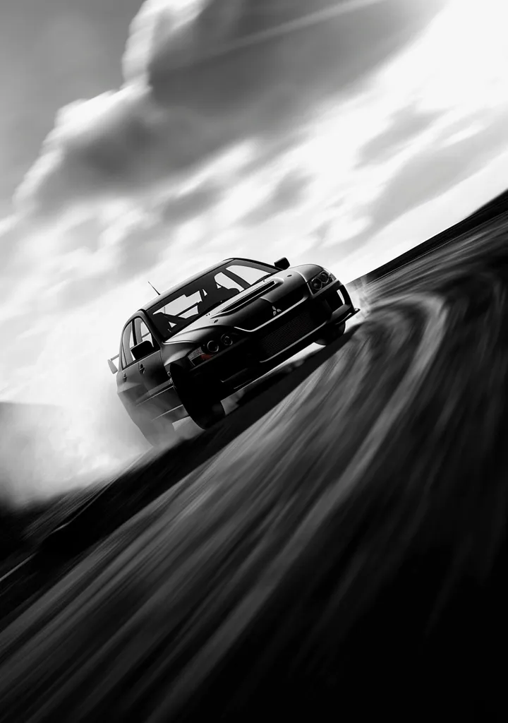 A black car drifts around a curve on a race track. The car is blurred from speed, and the road is streaked with motion. The sky above is overcast with fluffy clouds. The image is captured in black and white.  The powerful black car is in the middle of a thrilling race. The image captures the speed and excitement of racing.
