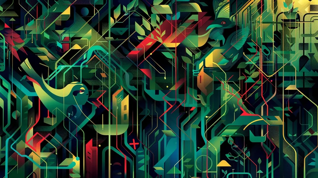 The image is a vibrant abstract piece featuring a complex network of lines, shapes, and colors. It appears to be composed of a multitude of geometric patterns, interwoven with organic forms resembling leaves and branches. Vivid green, blue, red, and yellow hues dominate the composition, creating a dynamic and layered visual experience. The image evokes a sense of intricate connectivity and the interplay between technology and nature.