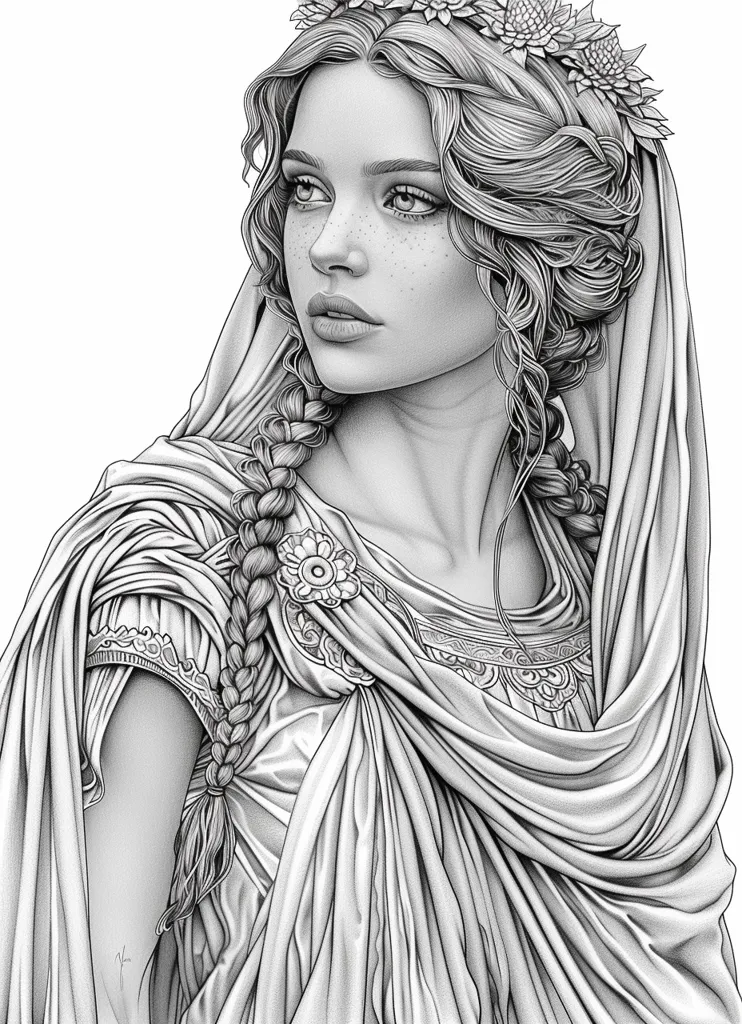 The image depicts a woman with long, flowing hair, adorned with a flower crown and braids. She wears a flowing robe with intricate details, casting a dramatic shadow on her face. Her eyes are downcast and her lips are slightly parted, conveying an air of quiet contemplation. The overall tone of the image is serene and ethereal.  The drawing is executed in pencil, with skillful shading and intricate detail.  The subject is reminiscent of classic Greek or Roman art, with a timeless and elegant aesthetic.