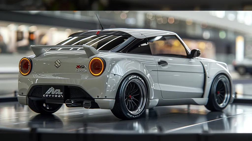 The image shows a white, custom-built sports car with a large rear spoiler. The car is sitting on a black tiled floor. The car has a black interior, black rims, and a large rear diffuser. The rear of the car is visible, showing the taillights, exhaust pipes, and a "CEVVDO" badge. The background is blurred, but it appears to be a garage or showroom. The car is sleek and modern, with a sporty and aggressive design.