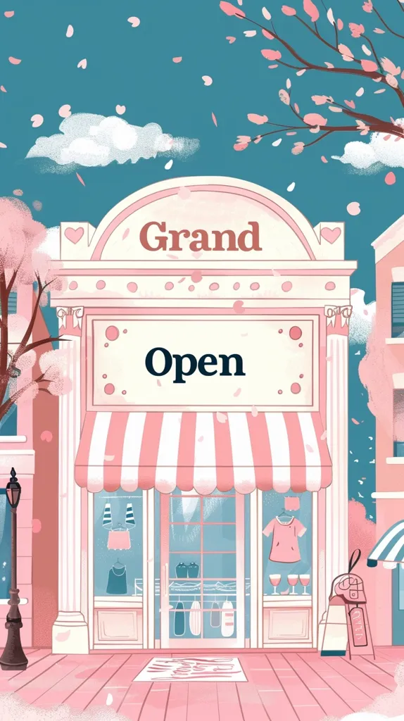 A pink storefront with a striped awning reads "Grand Open". The storefront is decorated with hearts and has a glass front displaying clothing, shoes, and other merchandise. The building is framed by a tree with pink blossoms and a blue sky with white clouds. Pink petals fall gracefully from the sky, creating a whimsical and charming atmosphere.