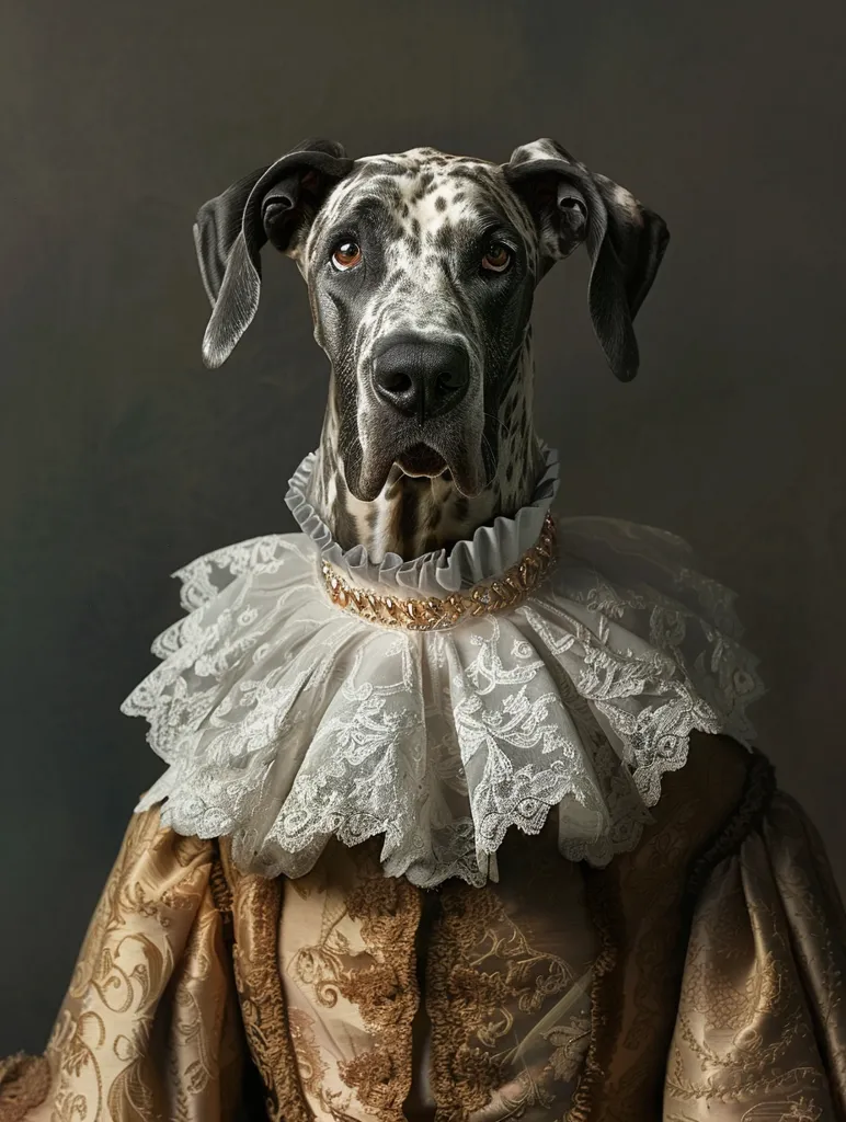 A Dalmatian dog, with a serious expression, wears a large, white, lacy collar and a gold and brown patterned, Renaissance-era outfit. The dog is positioned against a dark, textured background. The image is a playful, artistic portrait of the dog dressed up as a historical figure.
