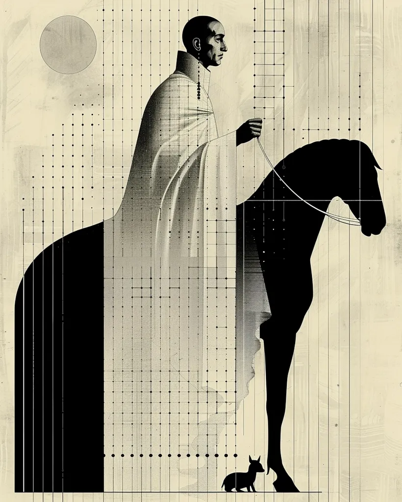 A man in a long, flowing robe stands in profile, holding the reins of a large black horse. The horse and man are partially obscured by a grid pattern, and a small dog sits at their feet.  The background is a muted beige with a circular shape in the upper left corner. The artwork is rendered in black, white, and grey tones.  The overall effect is one of mystery and intrigue.