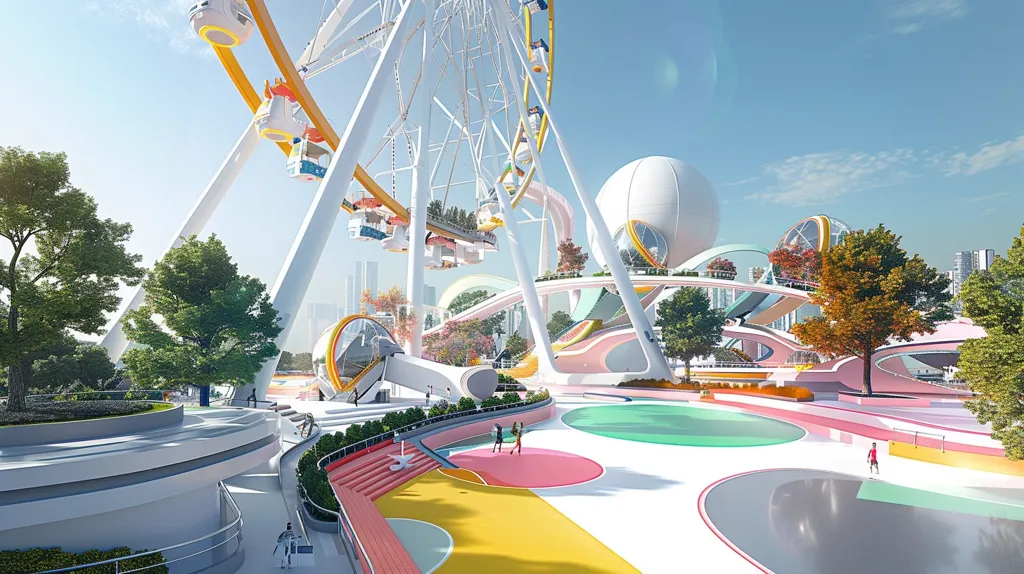 The image shows a futuristic amusement park with a giant Ferris wheel and colorful, curved walkways. The wheel is adorned with pods, and its white structure contrasts with the vibrant hues of the ground.  The park is surrounded by trees and a few people can be seen enjoying the park. The sunny day and playful design create a sense of wonder and joy.