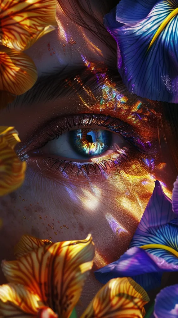 A close-up image of a person's eye with vibrant blue iris, framed by long lashes. The eye is surrounded by colorful flowers, with a purple iris on the right and a yellow iris on the left, casting iridescent reflections on the skin. The image is created with a  dreamy and ethereal aesthetic.