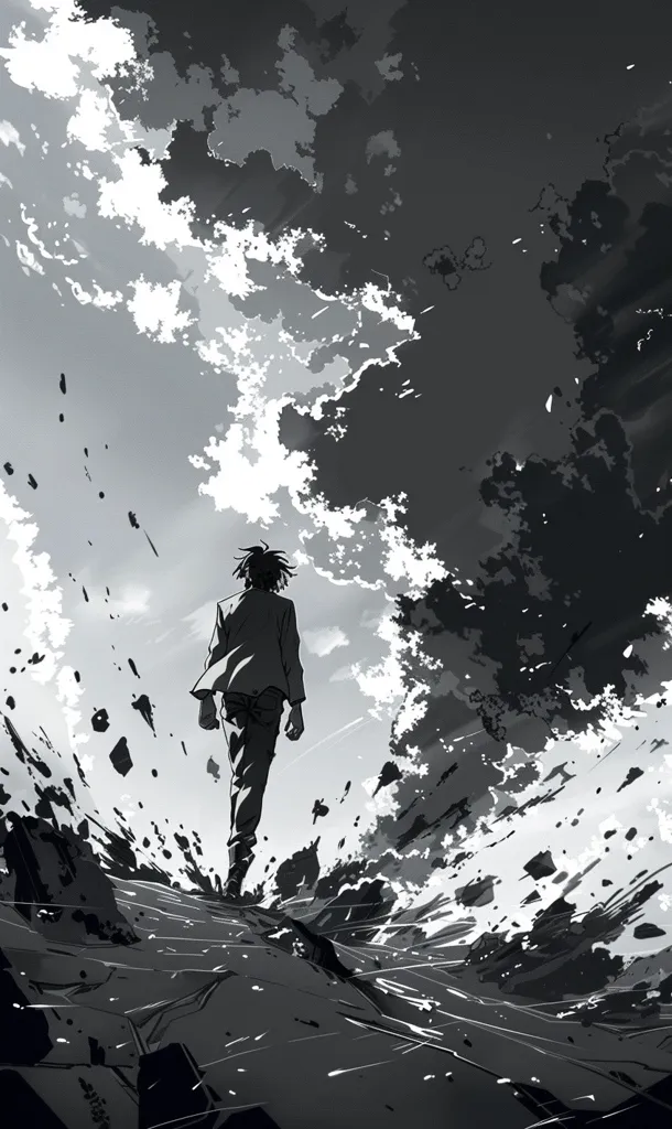 A lone figure walks through a desolate landscape. The sky is filled with dark clouds and the ground is covered in rubble. The image is drawn in black and white, creating a stark and dramatic contrast. The figure's silhouette is barely visible against the dark background, suggesting that they are lost and alone. The image evokes a sense of isolation, despair, and uncertainty.