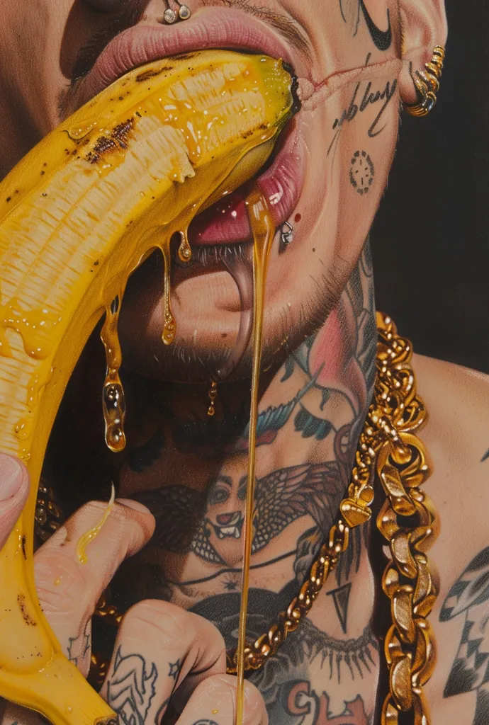 A close-up of a tattooed man biting into a yellow banana. The banana is dripping with a viscous liquid, possibly honey or syrup. The man has several piercings and is wearing a thick gold chain around his neck. The image is stylized and has a hyperreal quality.